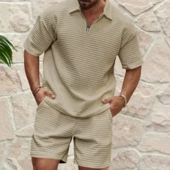 Men's Waffle Henley Shirt T-shirt Suits Tracksuit Tennis Shirt Short Sleeves Polo Collar Summer Solid Color Drawing Gymnatics Casual Zipper 2 Piece Vacation Daily Wear Activewear Army Green Black