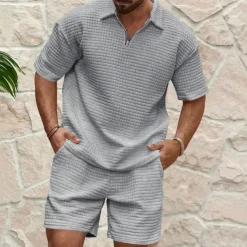 Men's Waffle Henley Shirt T-shirt Suits Tracksuit Tennis Shirt Short Sleeves Polo Collar Summer Solid Color Drawing Gymnatics Casual Zipper 2 Piece Vacation Daily Wear Activewear Army Green Black