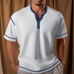 Men's Waffle Henley Shirt Henley Shirt Tee Top Color Block Henley Street Vacation Short Sleeves Patchwork Knitted Clothing Apparel Polyester Fashion Designer Basic