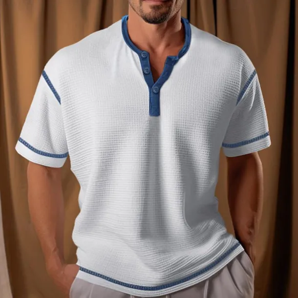 Men's Waffle Henley Shirt Henley Shirt Tee Top Color Block Henley Street Vacation Short Sleeves Patchwork Knitted Clothing Apparel Polyester Fashion Designer Basic