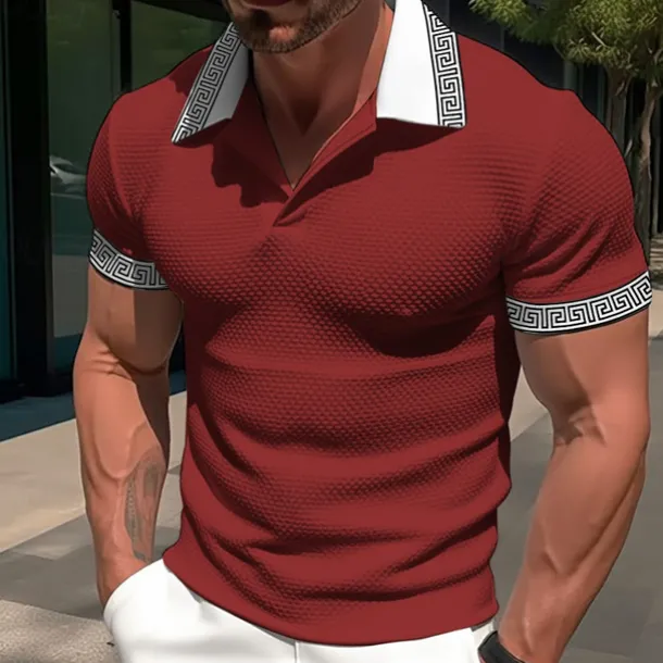 Men's Waffle Polo Shirt Business Polo Work Casual Lapel Ribbed Polo Collar Short Sleeve Modern Old Money Style Color Block Patchwork Button Spring & Summer Regular Fit Light Yellow Dark red Black