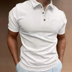 Men's Waffle Polo Shirt Golf Shirt Casual Daily Polo Collar Classic Short Sleeve Fashion Modern Solid Colored Pocket Button Front Spring & Summer Regular Fit Black White Blue Khaki Gray Waffle Polo