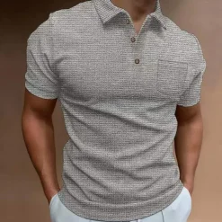 Men's Waffle Polo Shirt Golf Shirt Casual Daily Polo Collar Classic Short Sleeve Fashion Modern Solid Colored Pocket Button Front Spring & Summer Regular Fit Black White Blue Khaki Gray Waffle Polo