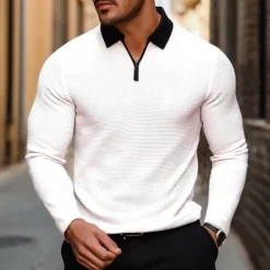 Men's Waffle Polo Shirt Golf Shirt Outdoor Causal Quarter Zip Long Sleeve Fashion Modern Solid Color Knitted Spring & Fall Standard Fit White Yellow Pink Light Grey Waffle Polo Shirt