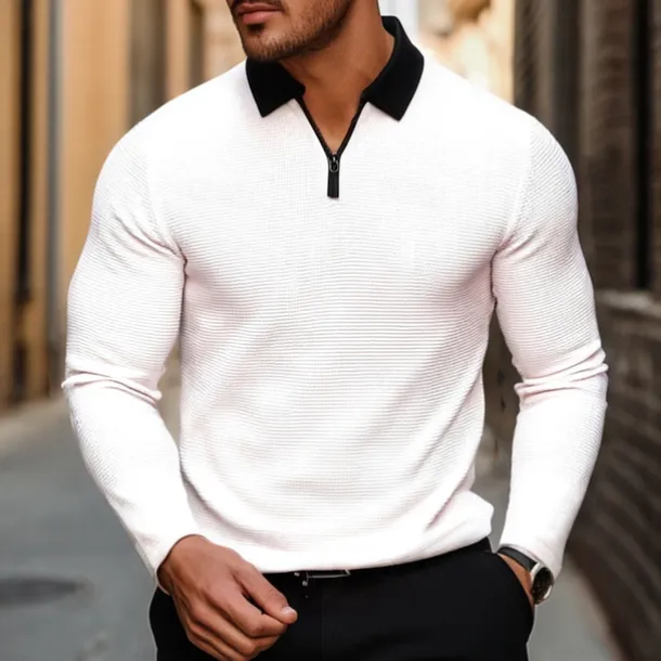 Men's Waffle Polo Shirt Golf Shirt Outdoor Causal Quarter Zip Long Sleeve Fashion Modern Solid Color Knitted Spring & Fall Standard Fit White Yellow Pink Light Grey Waffle Polo Shirt