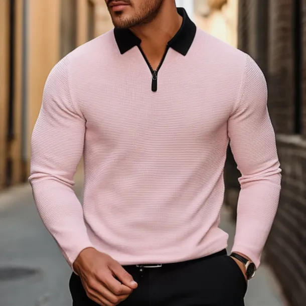 Men's Waffle Polo Shirt Golf Shirt Outdoor Causal Quarter Zip Long Sleeve Fashion Modern Solid Color Knitted Spring & Fall Standard Fit White Yellow Pink Light Grey Waffle Polo Shirt