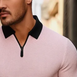 Men's Waffle Polo Shirt Golf Shirt Outdoor Causal Quarter Zip Long Sleeve Fashion Modern Solid Color Knitted Spring & Fall Standard Fit White Yellow Pink Light Grey Waffle Polo Shirt