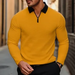 Men's Waffle Polo Shirt Golf Shirt Outdoor Causal Quarter Zip Long Sleeve Fashion Modern Solid Color Knitted Spring & Fall Standard Fit White Yellow Pink Light Grey Waffle Polo Shirt