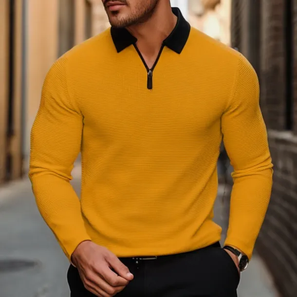 Men's Waffle Polo Shirt Golf Shirt Outdoor Causal Quarter Zip Long Sleeve Fashion Modern Solid Color Knitted Spring & Fall Standard Fit White Yellow Pink Light Grey Waffle Polo Shirt