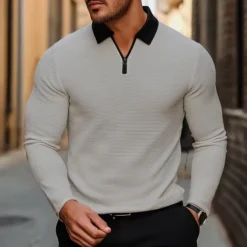 Men's Waffle Polo Shirt Golf Shirt Outdoor Causal Quarter Zip Long Sleeve Fashion Modern Solid Color Knitted Spring & Fall Standard Fit White Yellow Pink Light Grey Waffle Polo Shirt