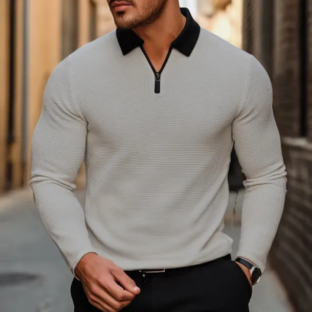 Men's Waffle Polo Shirt Golf Shirt Outdoor Causal Quarter Zip Long Sleeve Fashion Modern Solid Color Knitted Spring & Fall Standard Fit White Yellow Pink Light Grey Waffle Polo Shirt