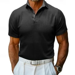 Men's Waffle Polo Shirt Golf Shirt Casual Holiday Lapel Ribbed Polo Collar Short Sleeve Fashion Basic Plain Button Soft Summer Spring Regular Fit Army Green Black White Burgundy Navy Blue Khaki