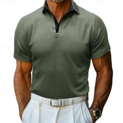 Men's Waffle Polo Shirt Golf Shirt Casual Holiday Lapel Ribbed Polo Collar Short Sleeve Fashion Basic Plain Button Soft Summer Spring Regular Fit Army Green Black White Burgundy Navy Blue Khaki