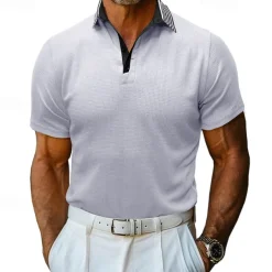 Men's Waffle Polo Shirt Golf Shirt Casual Holiday Lapel Ribbed Polo Collar Short Sleeve Fashion Basic Plain Button Soft Summer Spring Regular Fit Army Green Black White Burgundy Navy Blue Khaki