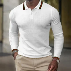 Men's Waffle Polo Shirt Golf Shirt Casual Holiday Lapel Classic Long Sleeve Fashion Basic Plain Button Summer Regular Fit Fire Red Black White Dark Navy Grey Waffle Polo Shirt