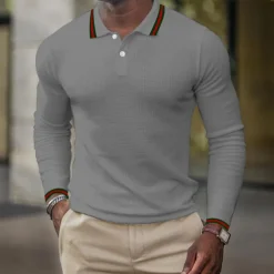 Men's Waffle Polo Shirt Golf Shirt Casual Holiday Lapel Classic Long Sleeve Fashion Basic Plain Button Summer Regular Fit Fire Red Black White Dark Navy Grey Waffle Polo Shirt