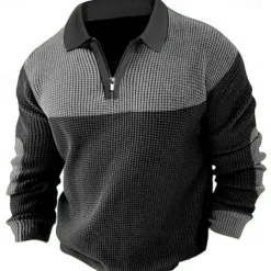 Men's Waffle Polo Shirt Polo Shirt Formal Business Quarter Zip Long Sleeve Fashion Basic Solid Color Patchwork Zipper Spring & Fall Blue Brown Army Green Grey Waffle Polo Shirt