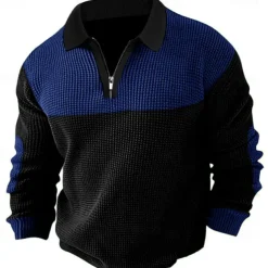 Men's Waffle Polo Shirt Polo Shirt Formal Business Quarter Zip Long Sleeve Fashion Basic Solid Color Patchwork Zipper Spring & Fall Blue Brown Army Green Grey Waffle Polo Shirt