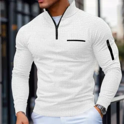 Men's Waffle Polo Shirt Pullover Sports & Outdoor Daily Wear Quarter Zip Long Sleeve Fashion Comfortable Color Block Pocket Zip Up Spring & Fall Cross-Seasons Regular Fit Black White Navy Blue