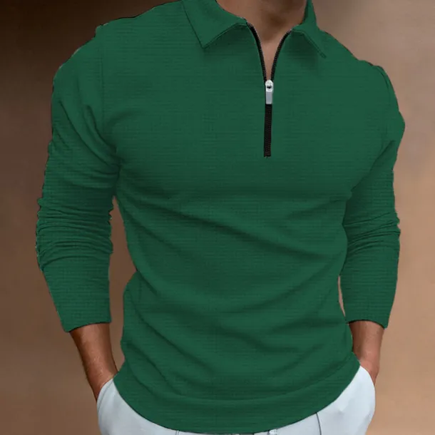 Men's Waffle Polo Shirt Quarter Zip Polo Going out Gym Turndown Quarter Zip Long Sleeve Sportswear Casual Solid Color Tartan Patchwork Zipper Fall & Winter Regular Fit Black White Yellow Blue Orange