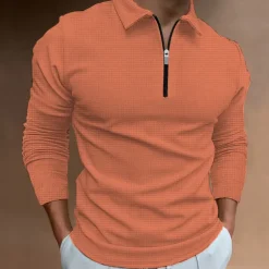 Men's Waffle Polo Shirt Quarter Zip Polo Going out Gym Turndown Quarter Zip Long Sleeve Sportswear Casual Solid Color Tartan Patchwork Zipper Fall & Winter Regular Fit Black White Yellow Blue Orange
