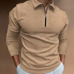 Men's Waffle Polo Shirt Quarter Zip Polo Going out Gym Turndown Quarter Zip Long Sleeve Sportswear Casual Solid Color Tartan Patchwork Zipper Fall & Winter Regular Fit Black White Yellow Blue Orange