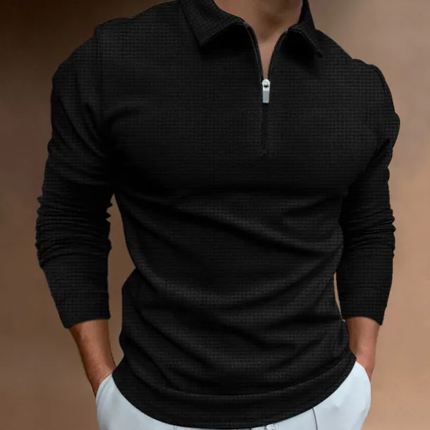 Men's Waffle Polo Shirt Quarter Zip Polo Going out Gym Turndown Quarter Zip Long Sleeve Sportswear Casual Solid Color Tartan Patchwork Zipper Fall & Winter Regular Fit Black White Yellow Blue Orange
