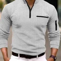 Men's Waffle Polo Shirt Quarter Zip Polo Daily Holiday Quarter Zip Long Sleeve Fashion Modern Plain Pocket Spring & Fall Regular Fit Black White Navy Blue Orange Light Grey Dark Gray Waffle Polo