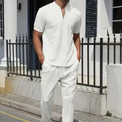 Men's Waffle Polo Shirt Quarter Zip Polo Daily Holiday Quarter Zip Short Sleeve Fashion Basic Plain Spring & Summer Regular Fit Black White Blue Khaki Gray Waffle Polo Shirt