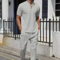 Men's Waffle Polo Shirt Quarter Zip Polo Daily Holiday Quarter Zip Short Sleeve Fashion Basic Plain Spring & Summer Regular Fit Black White Blue Khaki Gray Waffle Polo Shirt