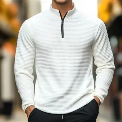 Men's Waffle Polo Shirt Waffle T Shirt Sports Outdoor Cycling / Bike Standing Collar Quarter Zip Long Sleeve Fashion Modern Solid Color Knitted Spring & Fall Standard Fit Light Blue Black White Dark
