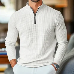 Men's Waffle Polo Shirts Home Standing Collar Quarter Zip Long Sleeve Basic Solid Color Knitted Spring & Fall Standard Fit Light Blue Black White Gray Waffle Polo Shirts