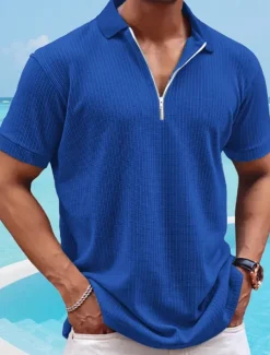 Men's Waffle Polo Shirts Polo Casual Sports Lapel Short Sleeve Fashion Basic Plain Quarter Zip Summer Spring Black White Royal Blue Khaki Dark Gray Waffle Polo Shirts