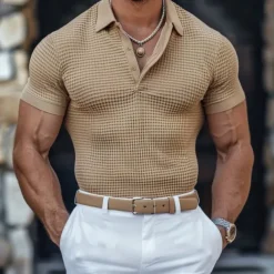 Men's Waffle Polo Shirts Polo Shirts Casual Holiday Lapel Ribbed Polo Collar Short Sleeve Fashion Basic Plain Buttons Soft Summer Spring Regular Fit White Yellow Khaki Gray Waffle Polo Shirts
