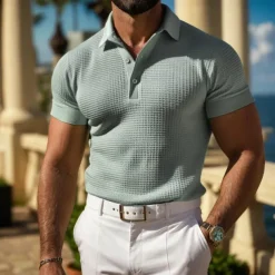 Men's Waffle Polo Shirts Polo Shirts Casual Holiday Lapel Ribbed Polo Collar Short Sleeve Fashion Basic Plain Buttons Soft Summer Spring Regular Fit White Yellow Khaki Gray Waffle Polo Shirts