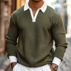 Men's Waffle Polo Shirts Quarter Zip Polo Outdoor Causal Quarter Zip Long Sleeve Fashion Modern Solid Color Knitted Spring & Fall Standard Fit Navy Blue Dark Green Orange Light Grey Waffle Polo