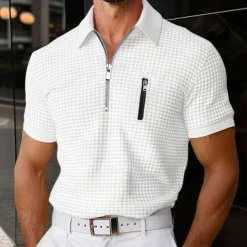 Men's Waffle Polo Shirts Zip Polo Casual Holiday Lapel Quarter Zip Short Sleeve Fashion Basic Plain Quarter Zip Summer Regular Fit Yellow Navy Blue Green Waffle Polo Shirts
