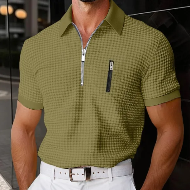 Men's Waffle Polo Shirts Zip Polo Casual Holiday Lapel Quarter Zip Short Sleeve Fashion Basic Plain Quarter Zip Summer Regular Fit Yellow Navy Blue Green Waffle Polo Shirts