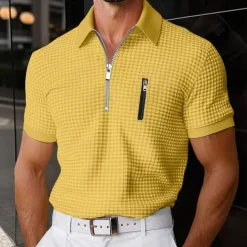 Men's Waffle Polo Shirts Zip Polo Casual Holiday Lapel Quarter Zip Short Sleeve Fashion Basic Plain Quarter Zip Summer Regular Fit Yellow Navy Blue Green Waffle Polo Shirts