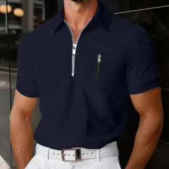 Men's Waffle Polo Shirts Zip Polo Casual Holiday Lapel Quarter Zip Short Sleeve Fashion Basic Plain Quarter Zip Summer Regular Fit Yellow Navy Blue Green Waffle Polo Shirts