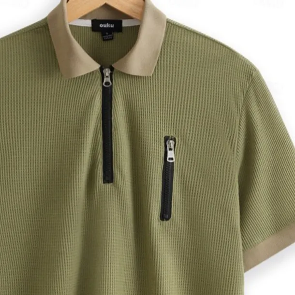 Men's Waffle Polo Shirts Zip Polo Casual Holiday Lapel Quarter Zip Short Sleeve Fashion Basic Plain Quarter Zip Summer Regular Fit Yellow Navy Blue Green Waffle Polo Shirts