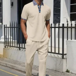 Men's Waffle Shirt Polo Tee Pants Sets Long Sleeve Quarter Zip Solid Color Knitwear Fashion Pocket Home Office / Career Street Black Ivory Blue Top Tee for Men