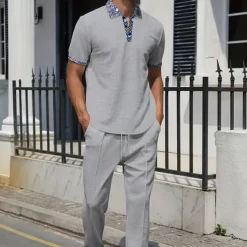 Men's Waffle Shirt Polo Tee Pants Sets Long Sleeve Quarter Zip Solid Color Knitwear Fashion Pocket Home Office / Career Street Black Ivory Blue Top Tee for Men