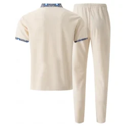 Men's Waffle Shirt Polo Tee Pants Sets Long Sleeve Quarter Zip Solid Color Knitwear Fashion Pocket Home Office / Career Street Black Ivory Blue Top Tee for Men