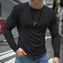 Men's Waffle Shirt T Shirt Tee Top Long Sleeve Shirt Long Sleeve Crew Neck Spring & Fall Plain Fashion Designer Basic Vacation Street Going out Dark Grey Black White Top Tee for Men