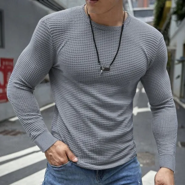 Men's Waffle Shirt T Shirt Tee Top Long Sleeve Shirt Long Sleeve Crew Neck Spring & Fall Plain Fashion Designer Basic Vacation Street Going out Dark Grey Black White Top Tee for Men