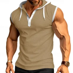 Men's Waffle Shirt Tank Top Undershirt Sleeveless Shirt Sleeveless Hooded Summer Plain Fashion Designer Muscle Outdoor Going out Gym Black White Red Top Tee for Men