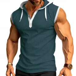 Men's Waffle Shirt Tank Top Undershirt Sleeveless Shirt Sleeveless Hooded Summer Plain Fashion Designer Muscle Outdoor Going out Gym Black White Red Top Tee for Men