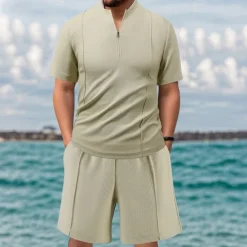 Men's Waffle Shirt T-shirt Suits 2 Pieces Outfits Tee & Shorts Short Sleeve Quarter Zip Summer Plain Fashion Casual 2 Piece Vacation Daily Wear Going out Black khaki Gray Top Tee for Men