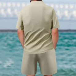 Men's Waffle Shirt T-shirt Suits 2 Pieces Outfits Tee & Shorts Short Sleeve Quarter Zip Summer Plain Fashion Casual 2 Piece Vacation Daily Wear Going out Black khaki Gray Top Tee for Men